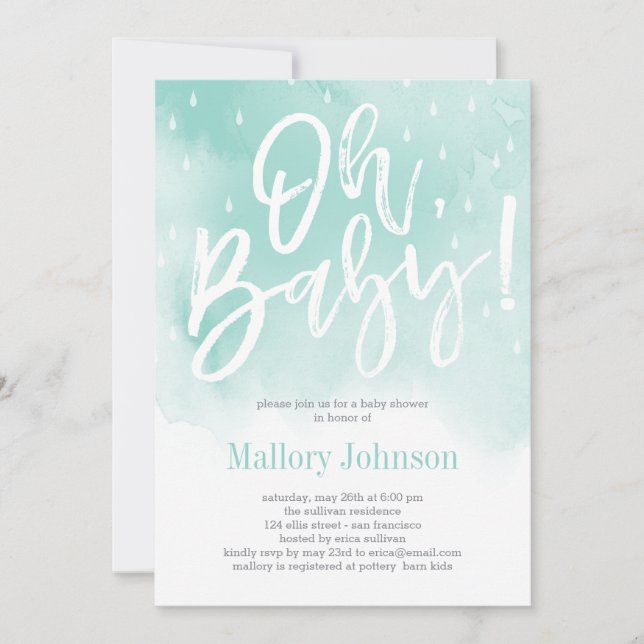 Oh Baby Watercolor Baby Shower Invitation Blue (Front)