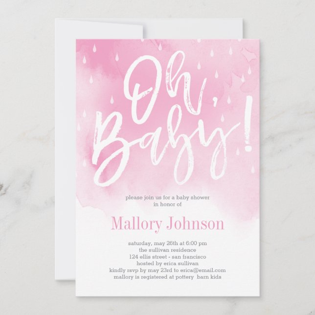 Oh Baby Watercolor Baby Shower Invitation Pink (Front)