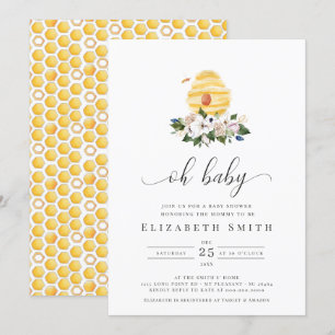 Oh Baby Watercolor Bee Yellow Floral Baby Shower Invitation