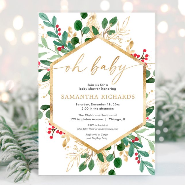 Oh Baby watercolor Christmas hollies baby shower Invitation (Creator Uploaded)