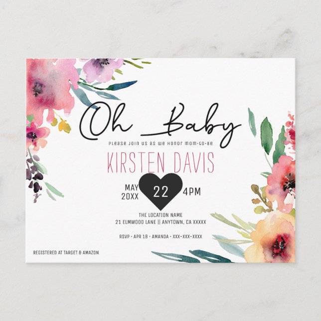 Oh Baby Watercolor Floral Girl Baby Shower Postcard (Front)