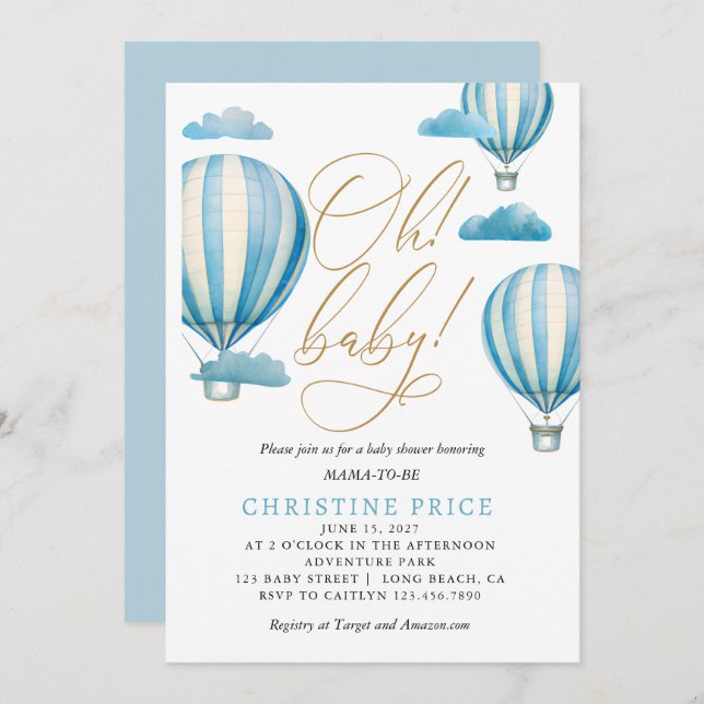 Oh Baby Watercolor Hot Air Balloons Baby Shower Invitation (Front/Back)