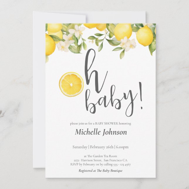 Oh Baby Watercolor Lemon Baby Shower Invitation (Front)