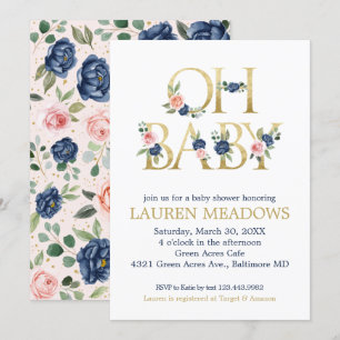 Oh Baby Watercolor Navy & Coral Floral Baby Shower Invitation