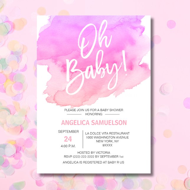 OH BABY! Watercolor Peach Pink Purple Baby Shower Invitation (OH BABY! Watercolor Peach Pink Purple Baby Shower Invitation)