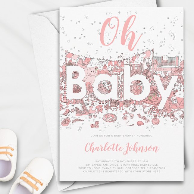 Oh Baby Watercolor Pink Baby Shower Invitation (Oh baby pink watercolor baby shower Invitation )