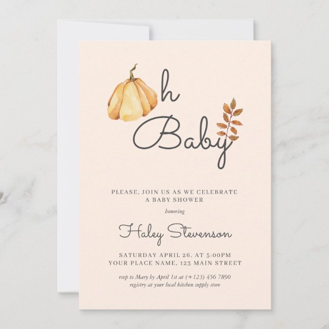 Oh Baby Watercolor Pumpkin Fall Rustic Baby Shower Invitation (Front)