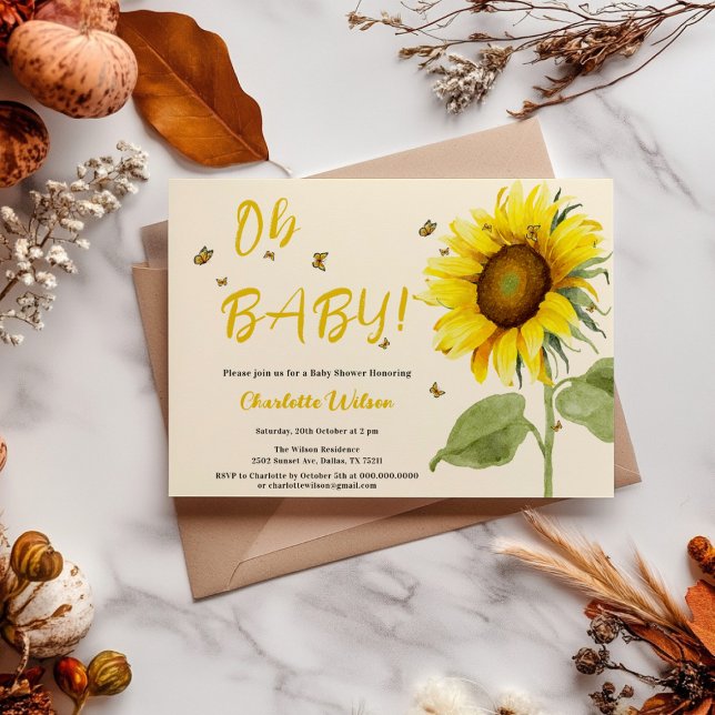 Oh Baby! Watercolor Sunflower Baby Shower Invitation (Creator Uploaded)