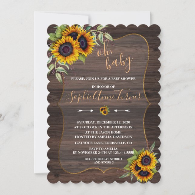 Oh BABY Watercolour Sunflowers Wood Baby Shower Invitation (Front)