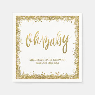 Oh Baby White Gold Faux Glitter Baby Shower Napkin