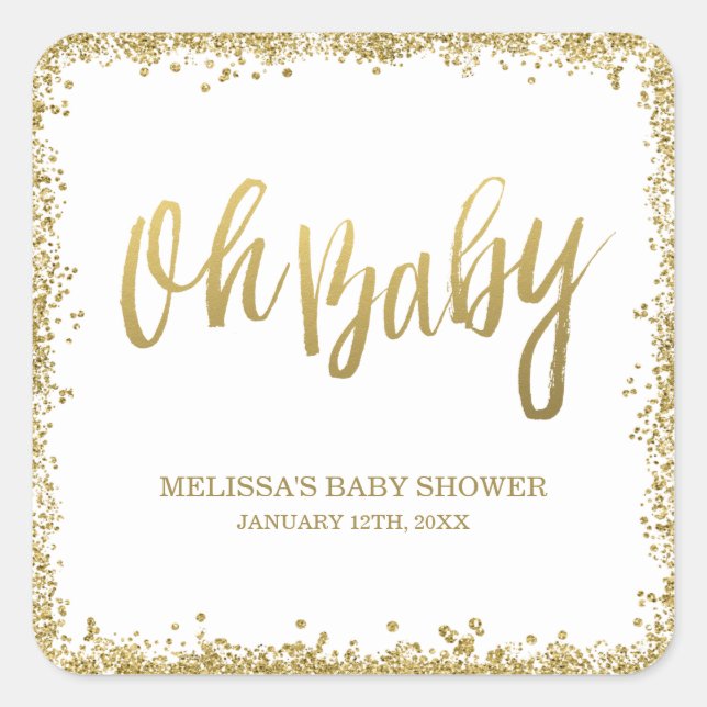 Oh Baby White Gold Faux Glitter Baby Shower Square Sticker (Front)