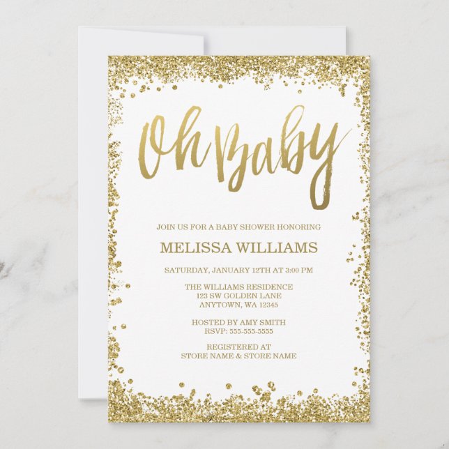 Oh Baby White Gold Glitter Baby Shower Invitation (Front)