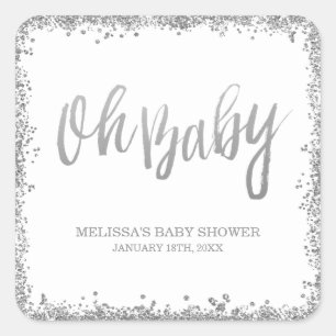 Oh Baby White Silver Faux Glitter Baby Shower Square Sticker