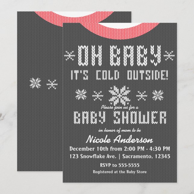 OH BABY Winter Baby Shower Knit Sweater Grey Red Invitation (Front/Back)