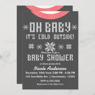 OH BABY Winter Baby Shower Knit Sweater Grey Red Invitation