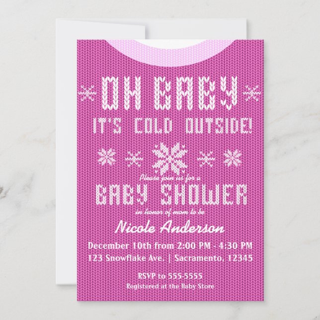 OH BABY Winter Baby Shower Knit Sweater Pink Invitation (Front)