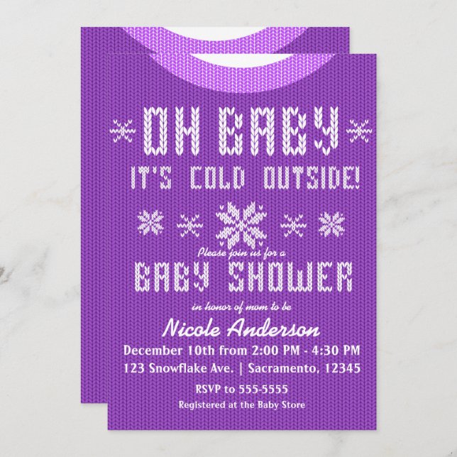 OH BABY Winter Baby Shower Knit Sweater Purple Invitation (Front/Back)