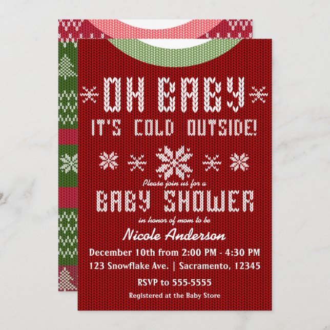 OH BABY Winter Baby Shower Knit Sweater Red Green Invitation (Front/Back)