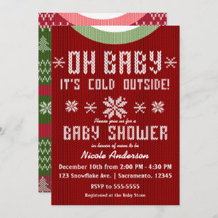 OH BABY Winter Baby Shower Knit Sweater Red Green Invitation