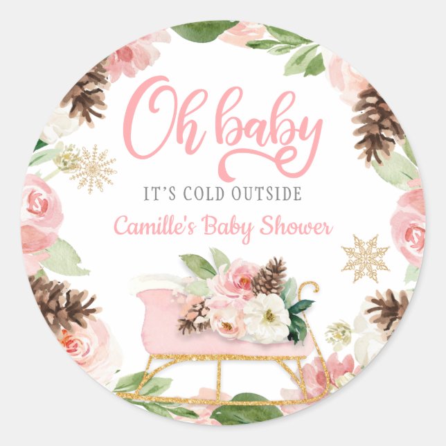 Oh Baby Winter Pink Girl Baby Shower Favour Classic Round Sticker (Front)