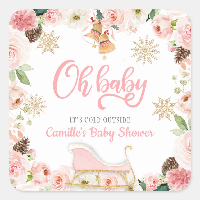 Oh Baby Winter Pink Girl Baby Shower Favour Square Sticker (Front)