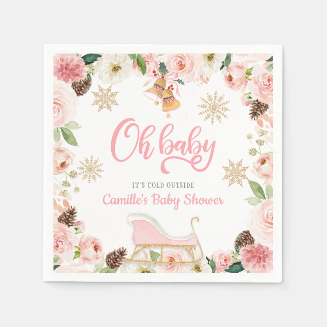 Oh Baby Winter Pink Girl Baby Shower Napkin (Front)