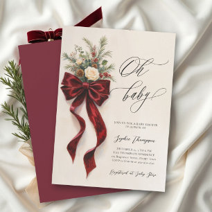 Oh Baby Winter Script Red Velvet Bow Baby Shower Invitation