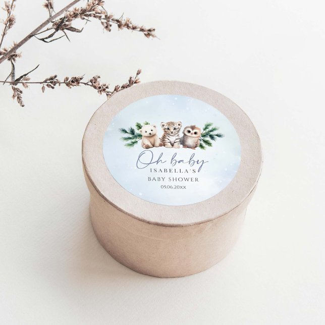 Oh Baby Winter Woodland Animals Baby Shower Classic Round Sticker (Creator Uploaded)