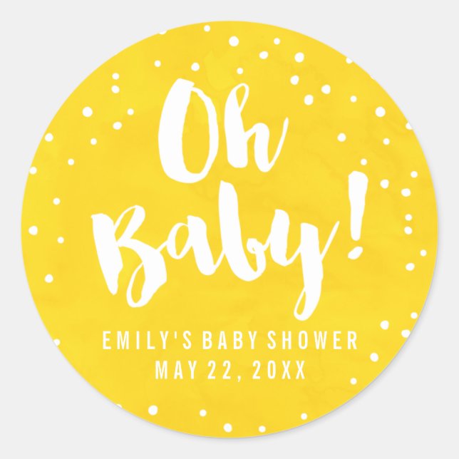 Oh Baby Yellow Watercolor Baby Shower Classic Round Sticker (Front)