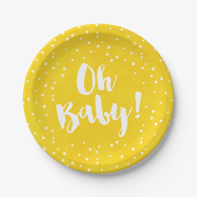 Oh Baby Yellow Watercolor Baby Shower Paper Plate (Front)