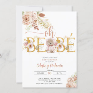 Oh bebé boho bear girl baby shower invite Spanish.