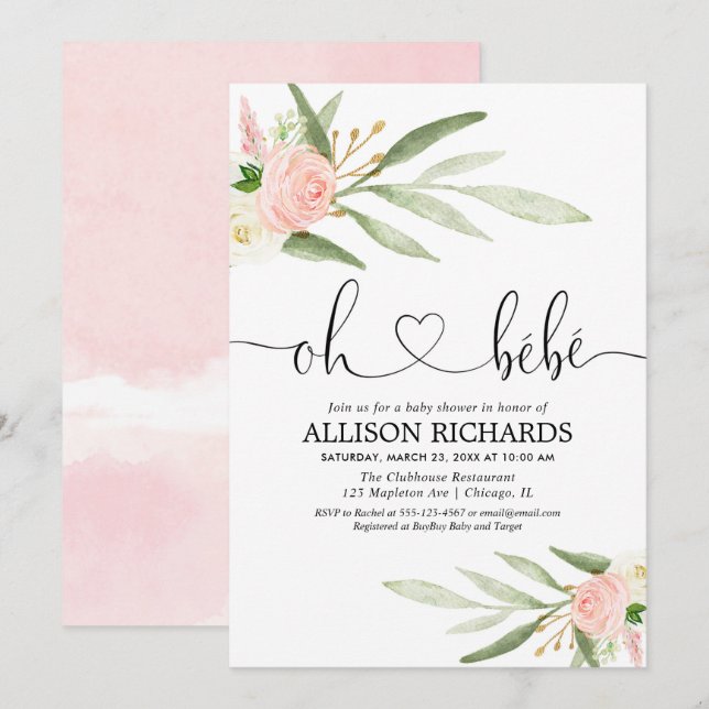 Oh bebe French greenery pink gold girl baby shower Invitation (Front/Back)
