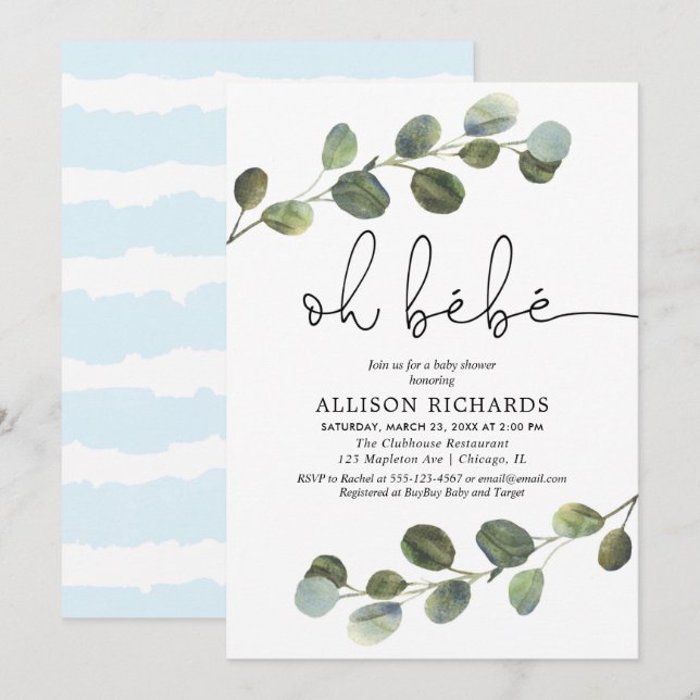 Oh bebe French theme blue black white boy baby Invitation (Front/Back)