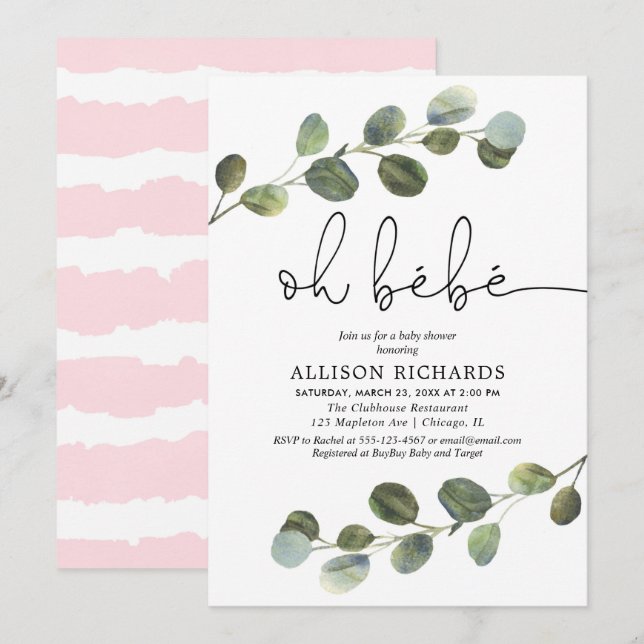 Oh bebe French theme pink black white girl baby Invitation (Front/Back)