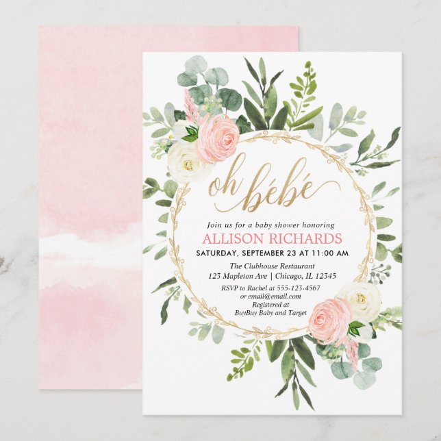 Oh Bebe pink gold French floral girl baby shower Invitation (Front/Back)