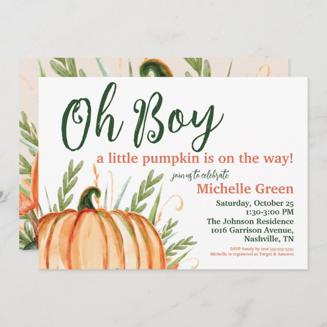 Oh Boy a Little Pumpkin is on the Way Baby Shower Invitation (Front/Back)