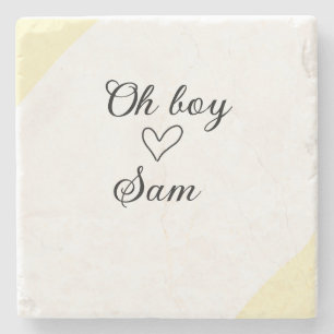 oh boy add name baby shower kids text heart yellow stone coaster