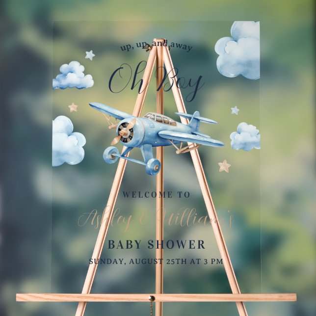 Oh Boy! Adventure Awaits Aeroplane Boy Baby Shower Acrylic Sign (Neutral)