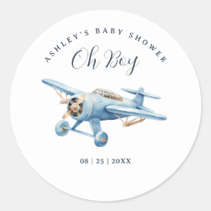 Oh Boy! Adventure Awaits Airplane Boy Baby Shower Classic Round Sticker