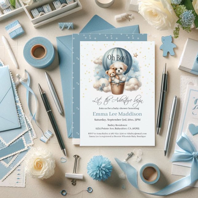 Oh Boy Adventure Baby Shower Puppy Hot Air Balloon Invitation (Creator Uploaded)