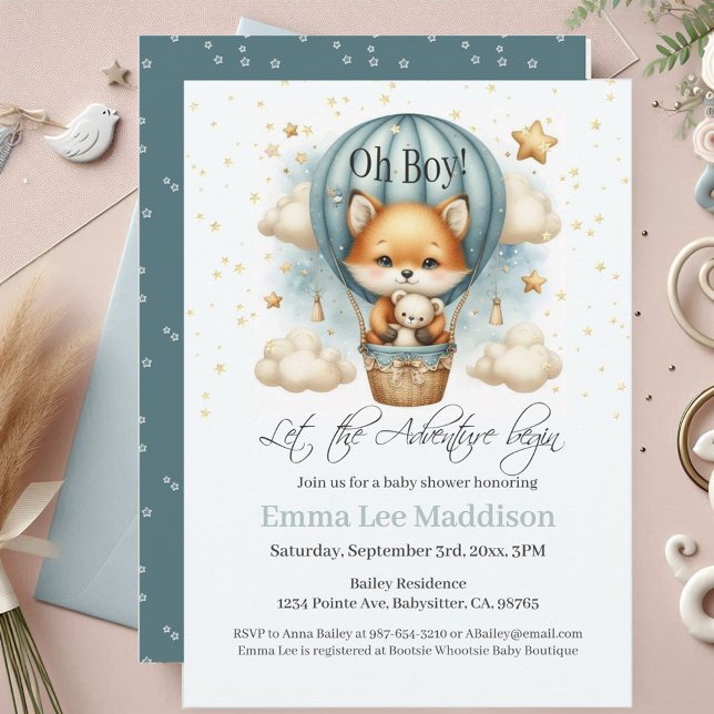 Oh Boy Adventure Begins Fox in Hot Air Balloon Invitation (Creator Uploaded)