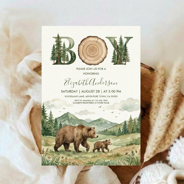 Oh Boy Adventure Woodland Bear Baby Shower Invitation (Creator Uploaded)
