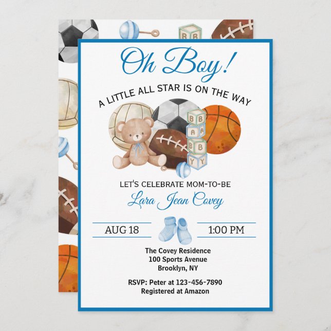 Oh Boy All Star Sport Baby Shower  Invitation (Front/Back)