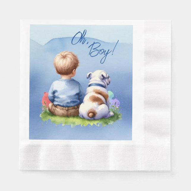Oh, Boy! Baby and Bulldog Baby Shower Napkin (Front)
