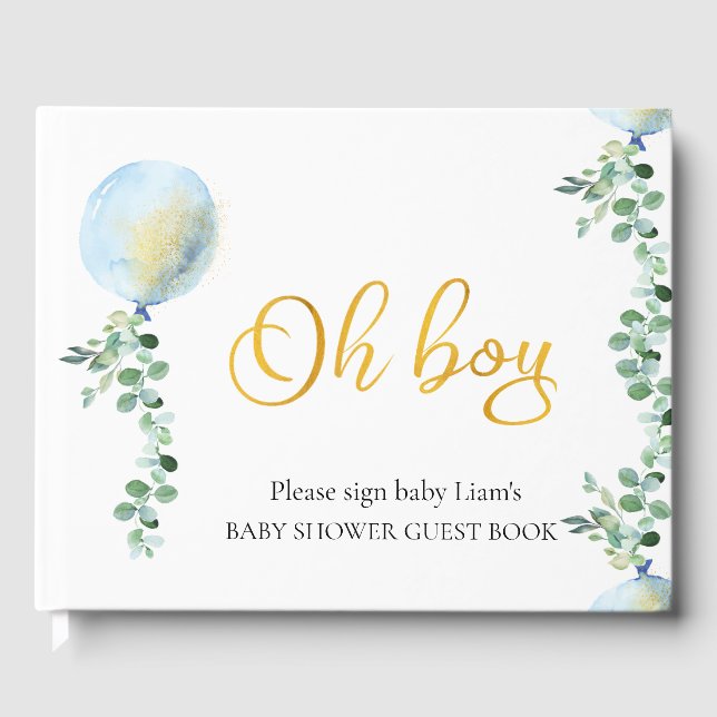 Oh Boy Baby Blue Balloon Eucalyptus baby shower  Guest Book (Front)