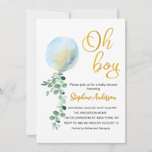 Oh Boy Baby Blue Balloon Eucalyptus baby shower Invitation
