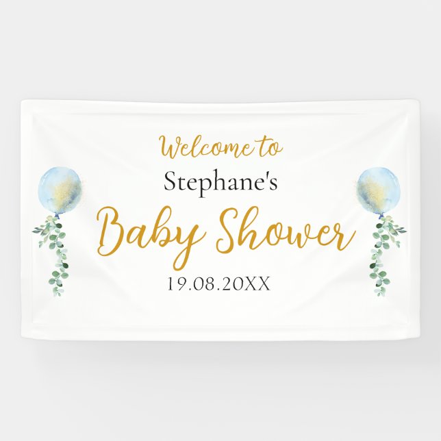 Oh Boy Baby Blue Balloon Eucalyptus  Banner (Horizontal)