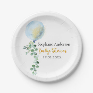 Oh Boy Baby Blue Balloon Eucalyptus Paper Plate