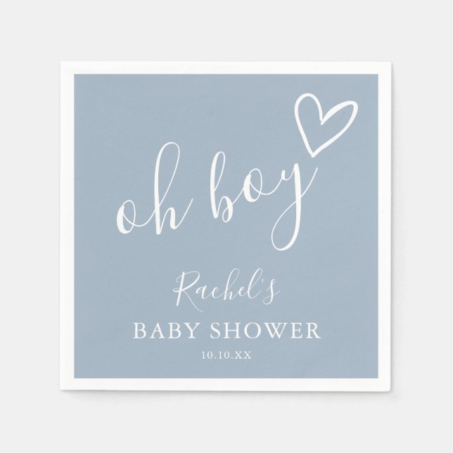 Oh Boy Baby Cute Heart Dusty Blue Baby Shower Napkin (Front)