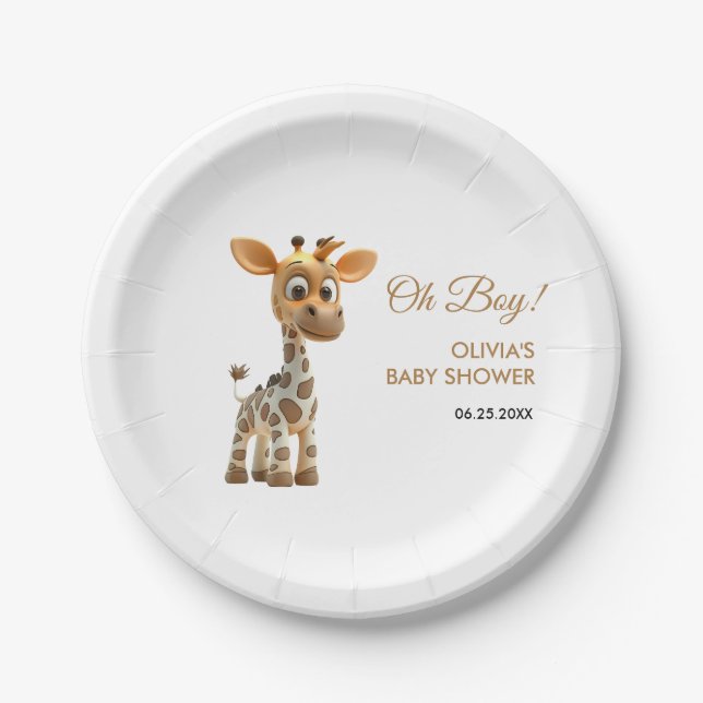 Oh Boy Baby Giraffe Cute Boy Baby Shower  Paper Plate (Front)